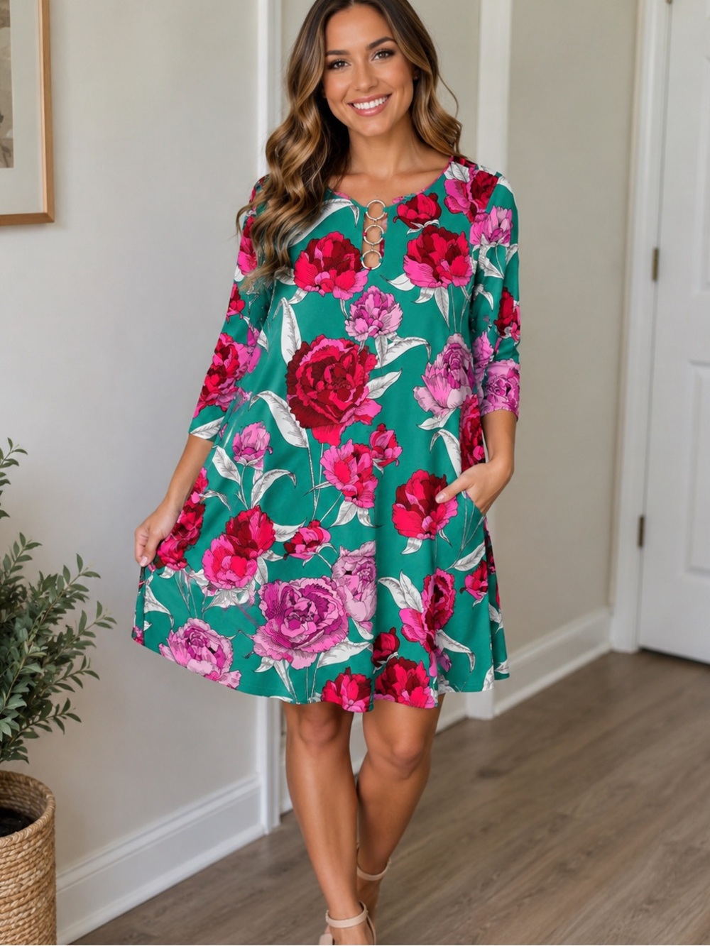 MSK Green Floral Print O-Ring Keyhole Neck 3/4 Sleeve Shift Dress Womens Medium
